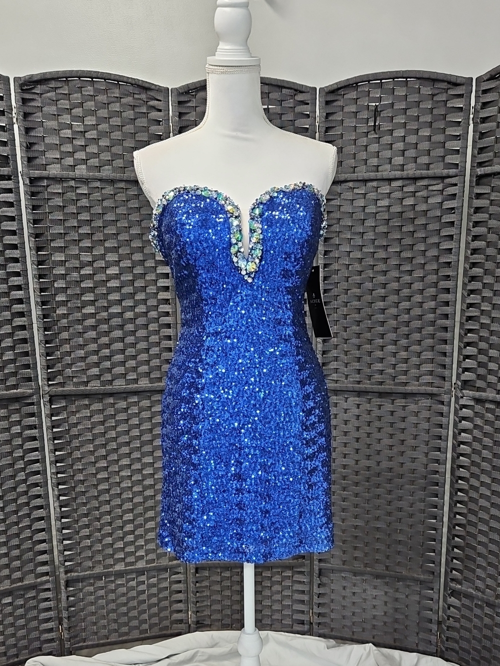Alyce Paris Royal Blue Sequin Strapless Mini Dress with Beaded Bust